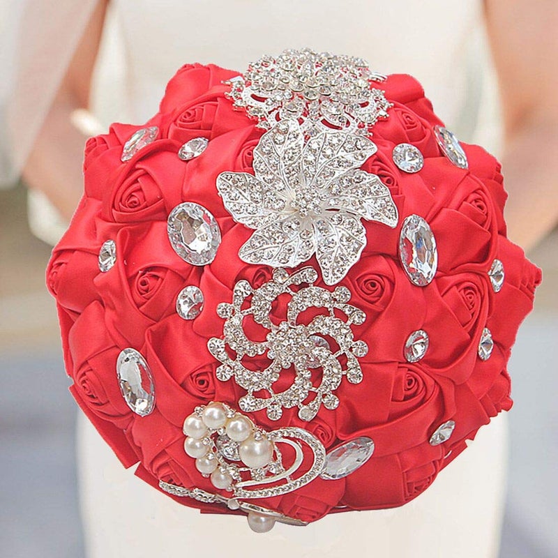 Flonding Wedding Bouquets Crystal Satin Rose Bride Bridal Bouquet Romantic Bridesmaid Holding Flower for Valentine's Day Confession Party Church Decor (Red) - Image 2